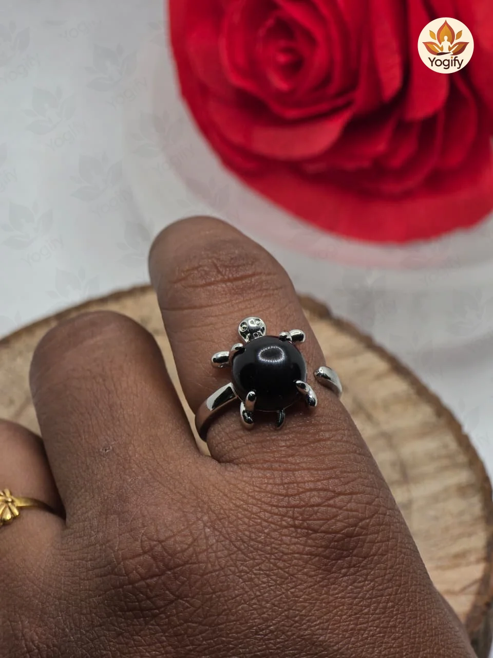 Black Obsidian Stone Crystal -Mini Turtle Adjustable Ring