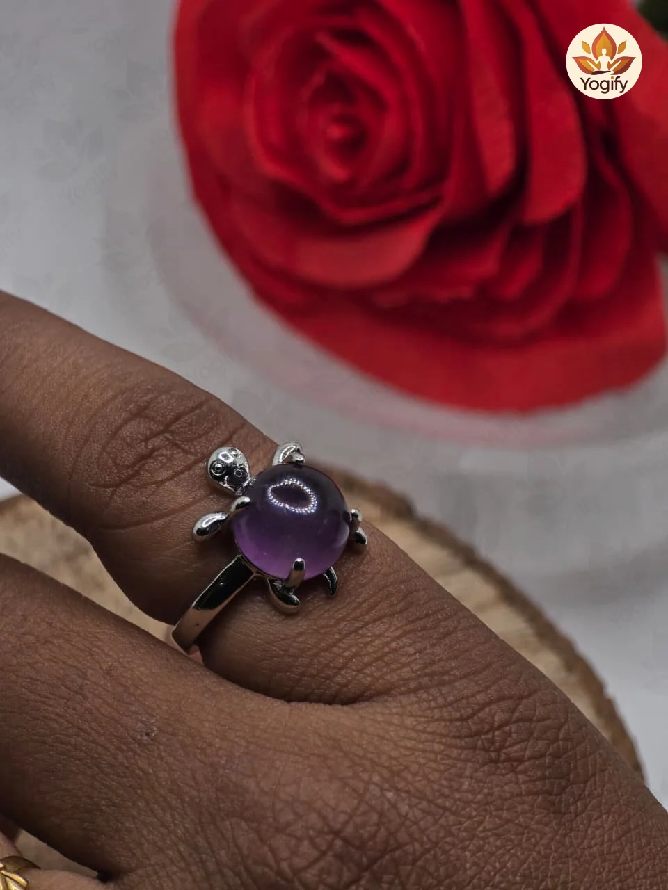 Amethyst Stone Crystal -Mini Turtle Adjustable Ring