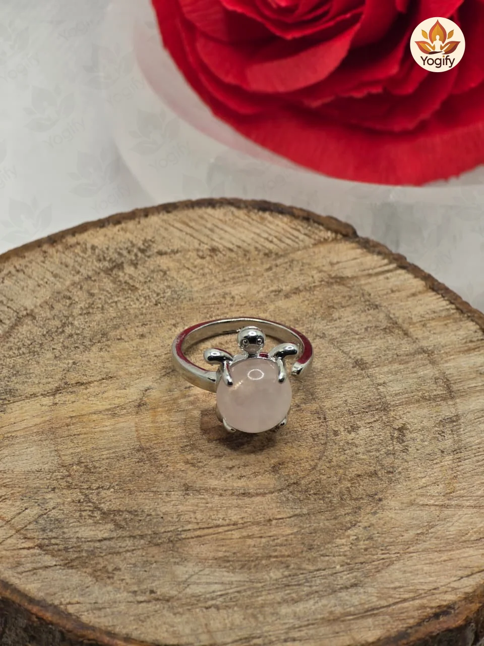 Rose Quarts Stone Crystal -Mini Turtle Adjustable Ring