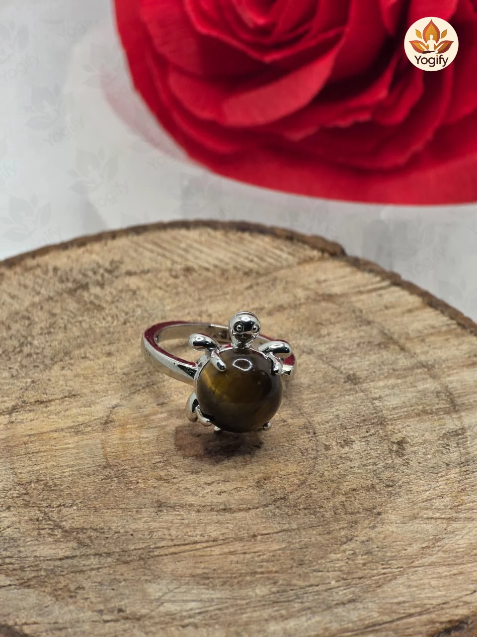 Tiger's Eye Stone Crystal -Mini Turtle Adjustable Ring