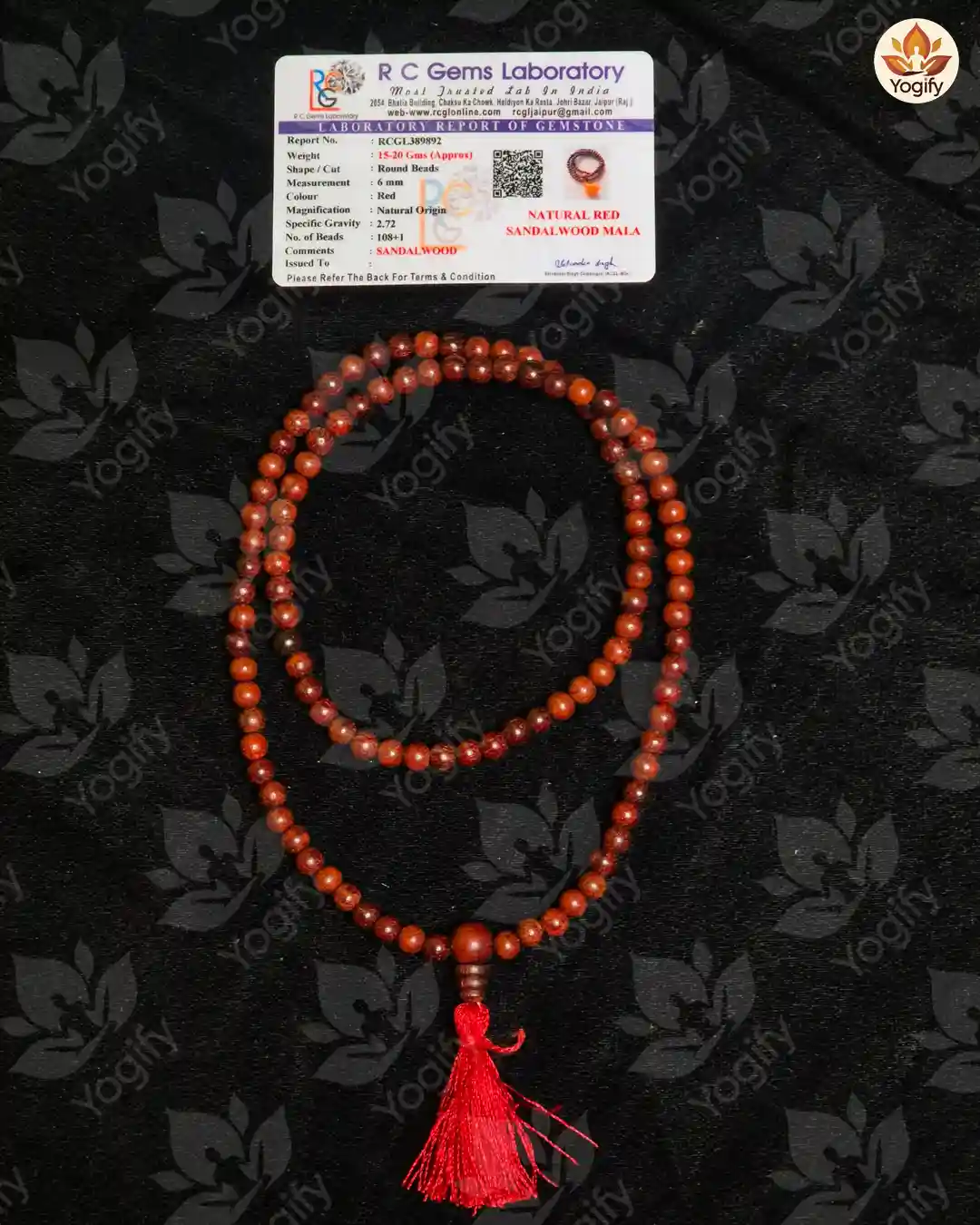 Red Sandalwood Mala with certificate - 6 mm